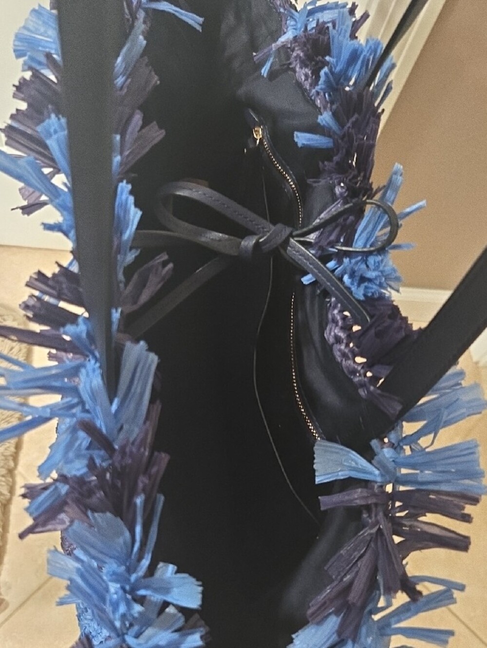 Kate Spade Sam Striped Rafia Fringe Tote Blue - Picture 3 of 6